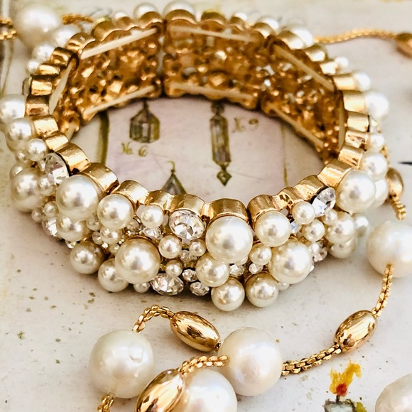 Vintage Rhinestone Pearl Bracelet Necklace Lot - Picture 1 of 16